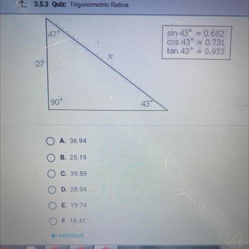What is the approximate value of x in the diagram below (hint:you will need to use one of the trigo