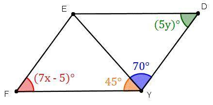 This is a parallelogram. Using it's properties, what is the measure of:
x = 
y =