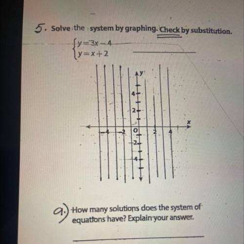 5. Solve the system by graphing. Check by substitution.

Sy=3-4
y=x+2
A)How many solutions does th