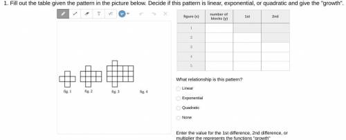 Fill in the table

What relationship is this pattern?
Enter the value for the 1st difference, 2nd