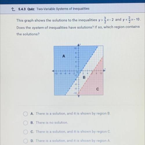 Question 7 of 10

This graph shows the solutions to the inequalities v> { x=2 and y< jx-10.