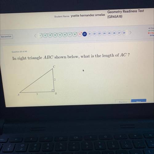 Question 20 of 45
In right triangle ABC shown below, what is the length of AC ?