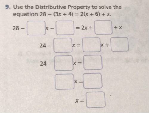 Use the distributive property to solve the equation 28 - (3x + 4) = 2(x + 6) + 5