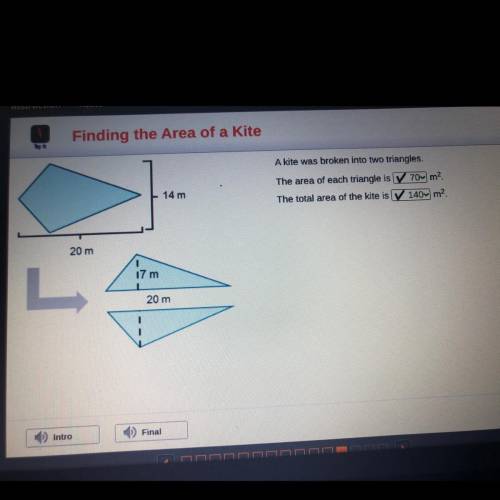The area of each triangle is 70
The area of the kite is 140