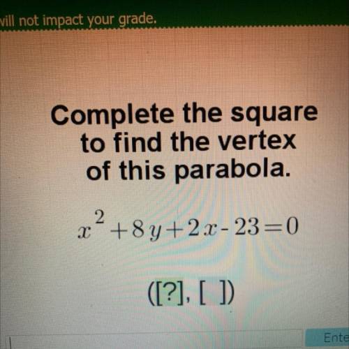 Complete the square
to find the vertex
of this parabola.
x?+8y+2x - 23=0