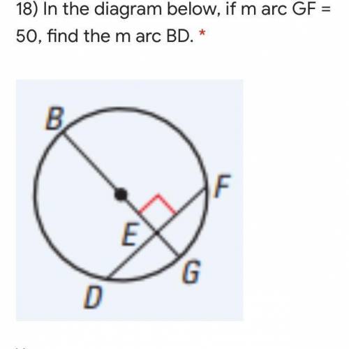 In the diagram below, if m arc GF=50, then find the m arc BD. How do I do the equation?