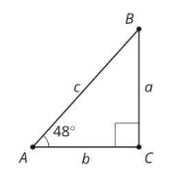 Based on the figure, select all true equations.

A. cos (42) = b/c
B. cos (48) = b/c
C. sin (42) =