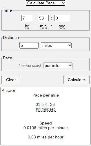1. Jon ran 5 miles in 473 minutes. What is his
average pace per mile?