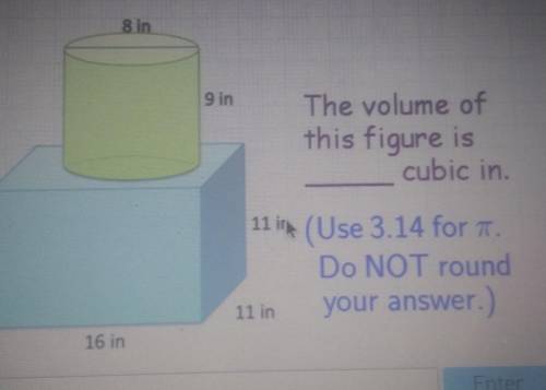 Volume of Composite Figures 8.in 9 in The volume of this figure is cubic in 11 in (Use 3.14 for T.