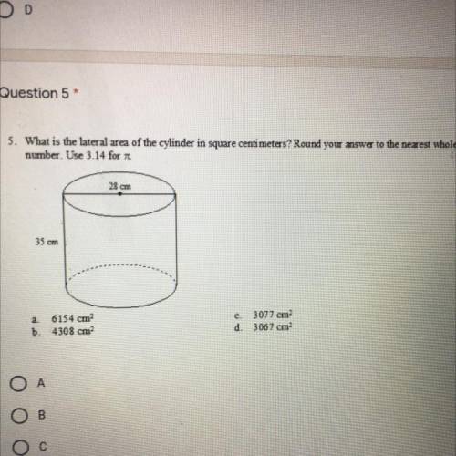 Question

What is the lateral area of the cylinder in square centimeters? Round your answer to the