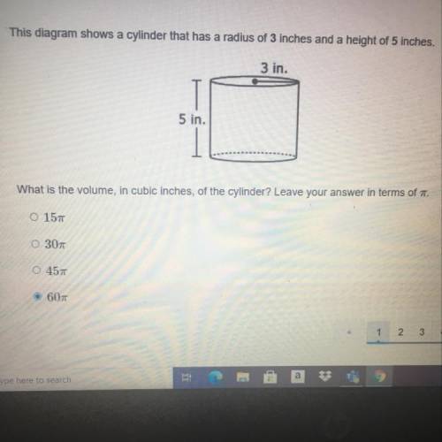 This diagrams shows a cylinder that has a radius of 3 inches and height of 5 inches what the volume