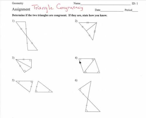 Need the answers to all them

Triangle congruencyDirections are in the picture The screenshots got