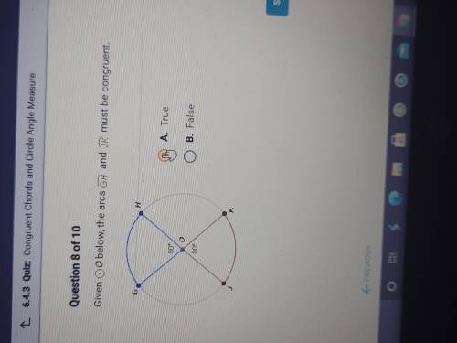 Given circle O below, the arcs GH and JK must me congruent, True or False. Please help!
