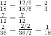 \frac{12}{18} =\frac{12/6}{18/6} =\frac{2}{3} \\\frac{7}{12} =\frac{7}{12} \\\frac{2}{36} =\frac{2/2}{36/2} =\frac{1}{18}