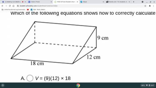 Which of the following equations shows how to correctly calculate the volume, V, in cubic centimete