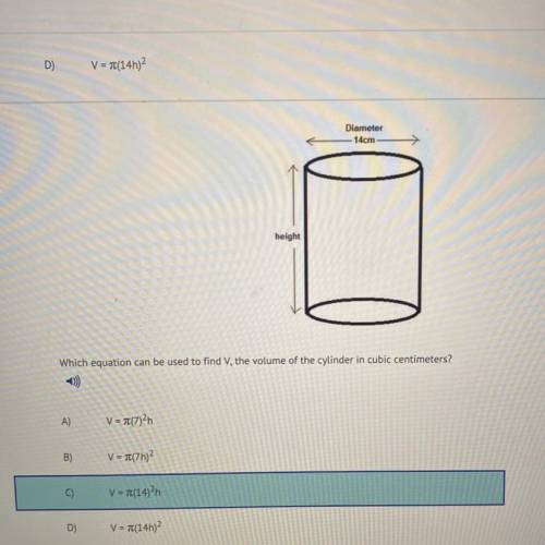 Which equation can be used to find V, the volume of the cylinder in cubic centimeters?

A)
V-70(7)