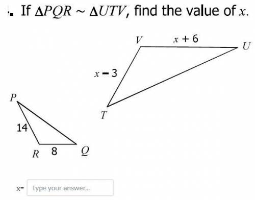 If triangle PQR is equal to triangle UTV, find the value of x.