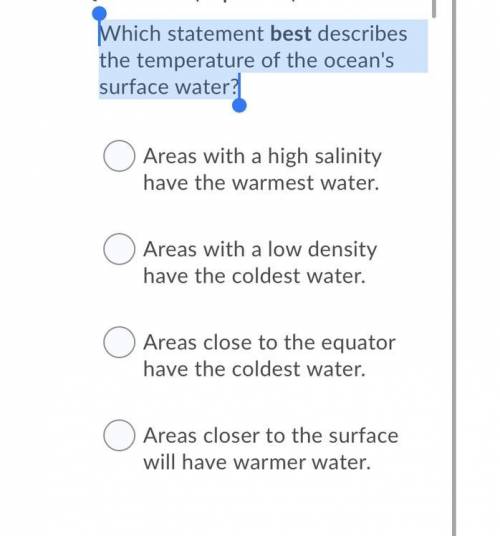 Which statement best describes the temperature of the ocean's surface water?