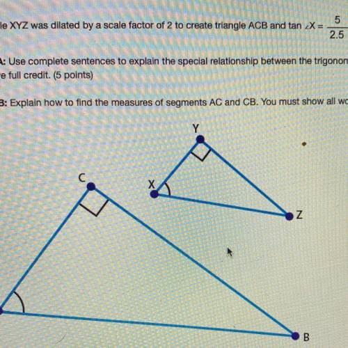 Triangle XYZ was dilated by a scale factor of 2 to create triangle ACB and tan ∠X = 5 over 2 and 5