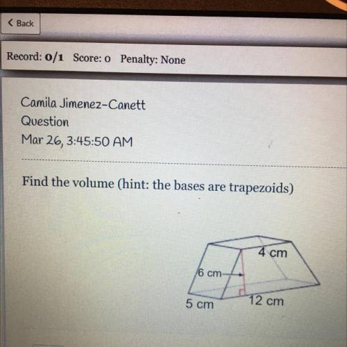 PLS HELP ME!! :((
Find the volume (hint: the bases are trapezoids)