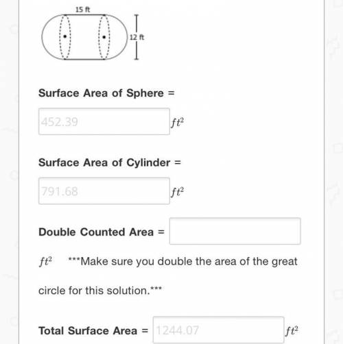I need help with surface area I’ve gotten the cylinder and the sphere but can’t get the rest