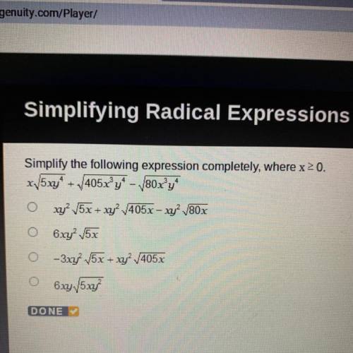 Simplify the following expression completely, where x 20.

x5xy* + 405x’y* - 180x’y4
O xy2 5x + xy