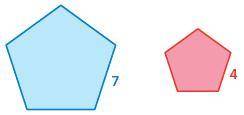 Find the values of the ratios (red to blue) of the perimeters and areas of the similar figures. Wri