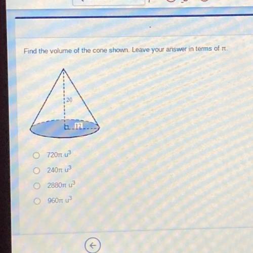 Find the volume of the cone shown Leave your answer in terms of pie