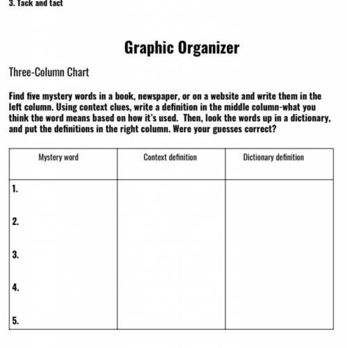 Three-Column Chart

Find five mystery words in a book, newspaper, or on a website and write them i
