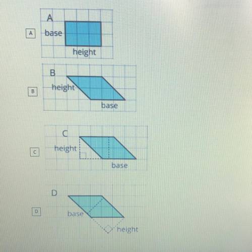 Select all parallelograms that have a correct height lávales the given base.