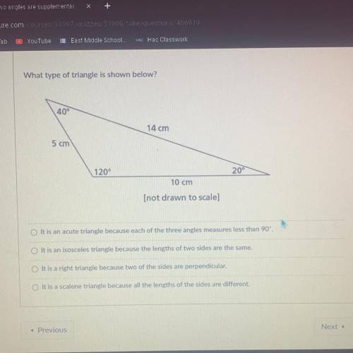 ANSWER THIS ASAP FOR BRAINIEST What type of triangle is shown below?

40°
14 cm
5 cm
120°
20°
10