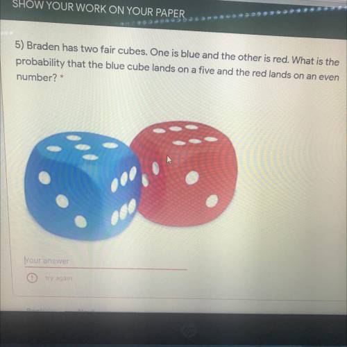What is the probability that the blue cube lands on a five and the red cube lands on an even number