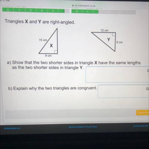 Triangles x and y are right-angled.

A) Show that the two shortest sides in triangle x have the sa
