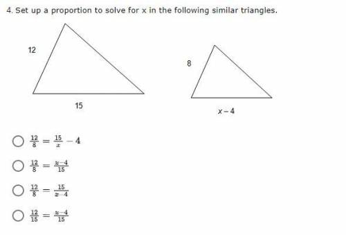 Please help! 
Set up a proportion to solve for x in the following similar triangles.