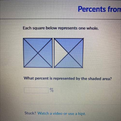 Each square below represents one whole,
What percent is represented by the shaded area?
%