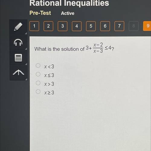 What is the solution of 3+

X-2
X-3
x=3 54?
?
O x<3
ОО
XS3
X> 3
O X23