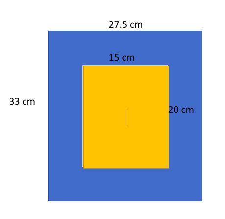 Below is a blue rectangle with a width of 27.5 cm and a length of 33 cm. An orange rectangle with a