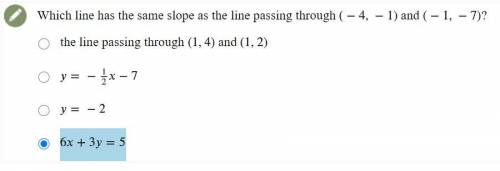 Which line has the same slope as the line passing through (-4, -1) and (-1, -7) ?