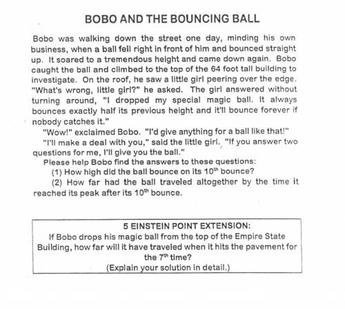 Bobo and the Bouncing Ball Math Problem

Please help me solve it. There are 3 questions, question