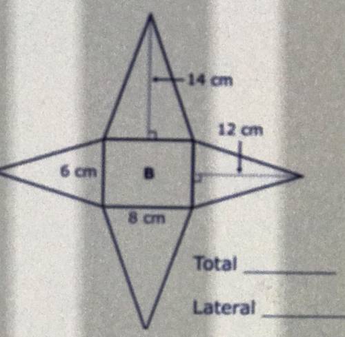Please help ASAP

I’ll mark Brainliest
What’s the total and lateral surface area for the figure?