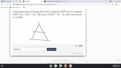 In the diagram below of triangle EFGEFG, HH is a midpoint of EF and JJ is a midpoint of

FG If m\a