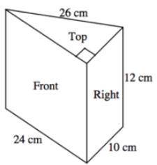 A triangular solid is shown here.

What is the area of the
top? 
right side? 
front? back? 
What i