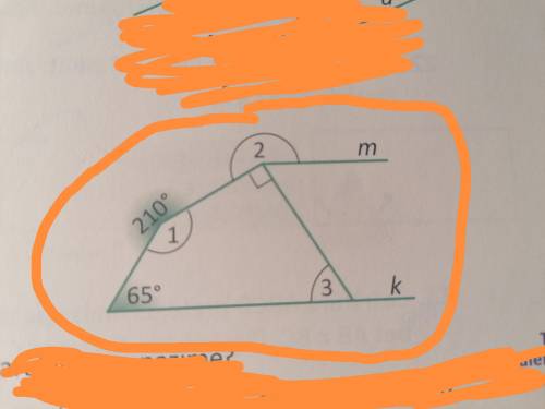 Please help!! 
It is known that m || k. (see drawing)
Calculate angle 1, angle 2, angle 3.