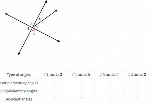 In the figure, identify the types of angles in the table below .