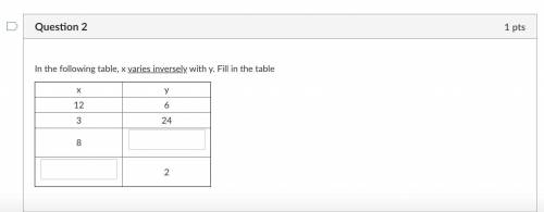 (Look at image)
In the following table, x varies inversely with y. Fill in the table