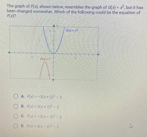 The graph of F(x), shown below, resembles the graph of G(x) = x2, but it has

been changed somewha