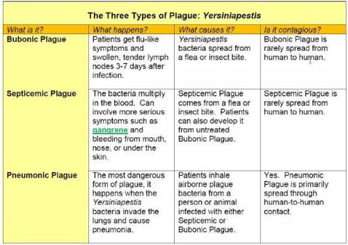 Summarize the three types of plague presented in the chart. Discuss their causes, symptoms, and mod