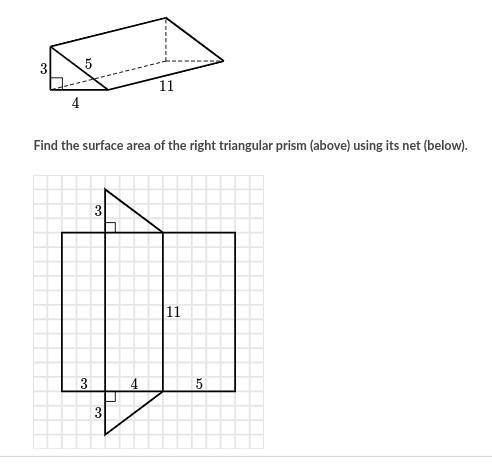 Find the surface area of the right triangular prism (above) using its net (below).