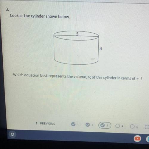 Which equation best represents the volume, V, of this cylinder in terms of pi?