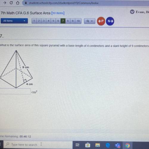 what is the surface area of this square pyramid with a base length of 4 centimeters and slant heigh